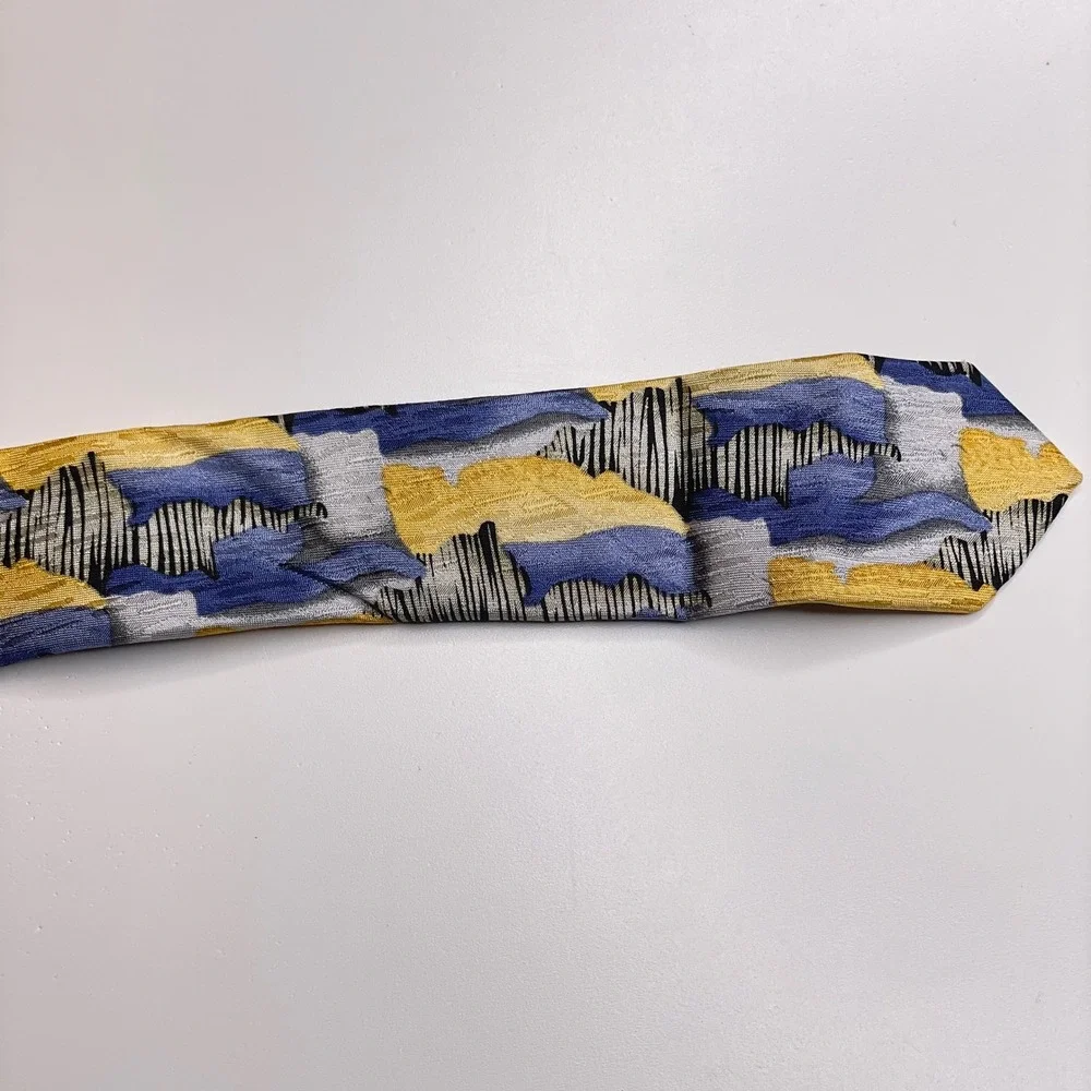 Cocktail Collection Vintage Wine Necktie Mens Blue Yellow Silk Abstract Mod Work